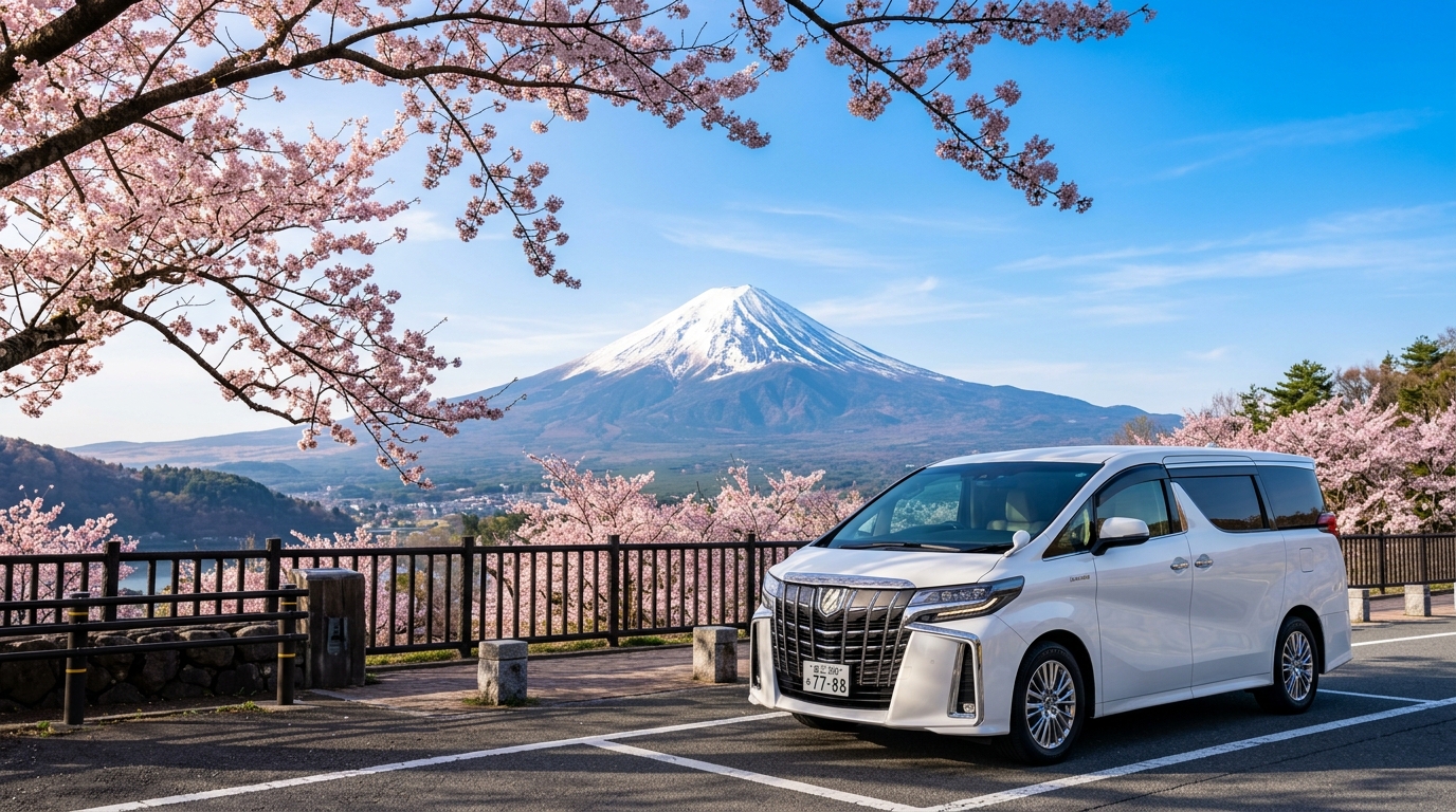 Mount Fuji and White Toyota Alphard 日本專屬包車旅遊