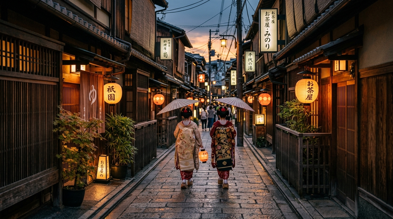 京都祇園石板路暮色